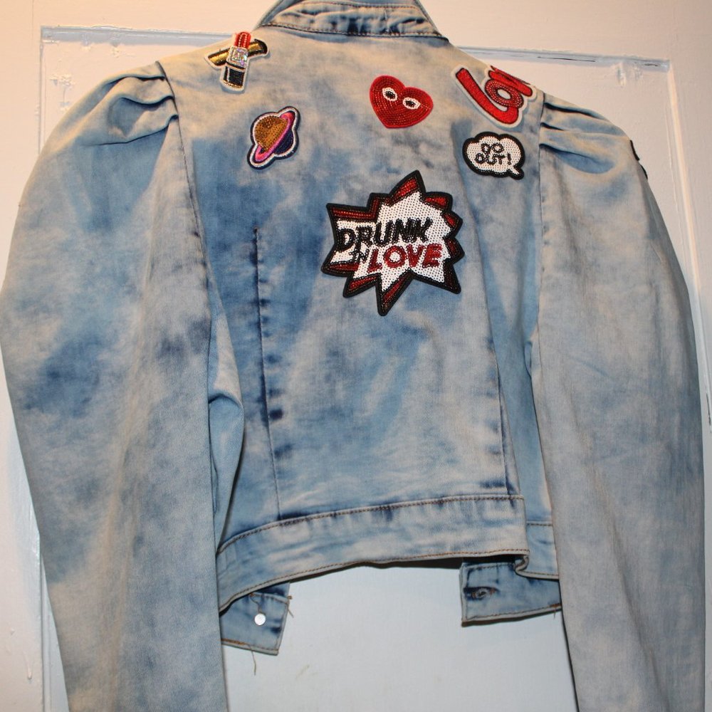 Denim Puff Sleeve Crop Jacket with Patches